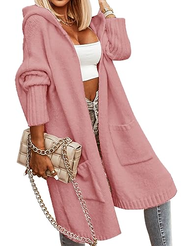 shownicer Strickjacke Damen Lang Strick Cardigan Brief Drucken Kapuzenpullover Lose Warm Herbst Winter Jacke Strickmantel Outerwear Oversize mit Tasche C Rosa S von shownicer