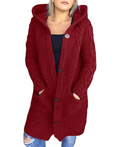 shownicer Strickjacke Damen Strickmantel Strickcardigan Lange Cardigan mit Kapuze Grob Strickpulli Herbst Winter Casual Open Sweater A Weinrot L von shownicer