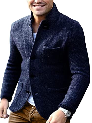 shownicer Strickjacken für Herren Winter Stehkragen Warmer Cardigan Langarm Slim Fit Pullover mit Knöpfen Herren Einfarbig V-Ausschnitt Wintermantel Strickmantel A Blau 3XL von shownicer