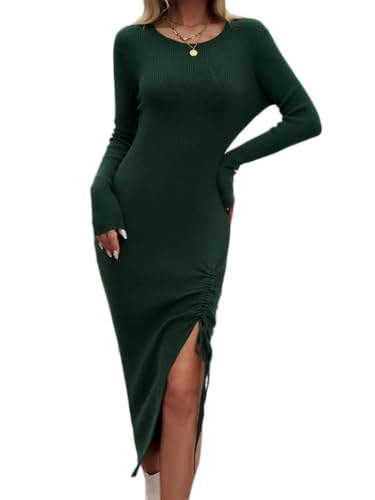 shownicer Strickkleid Damen Elegant Bodycon Lang Kleid Langarm V Ausschnitt Figurbetontes Kleid mit Schlitz Freizeitkleid Herbst und Winter B Grün L von shownicer