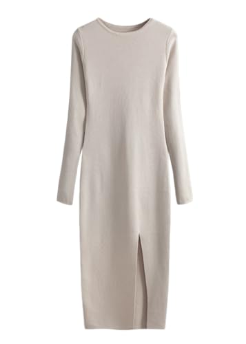 shownicer Strickkleid Damen Figurbetontes Kleid Rippstrick Pulloverkleid Langarm Bodycon Lang Kleid Herbst Gestrickte Kleid Eng Longpullover Winterkleid Maxikleid D Beige Einheitsgröße von shownicer