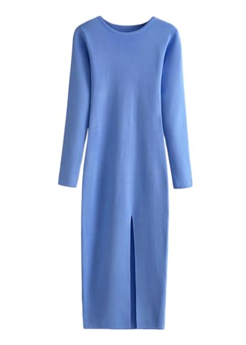 shownicer Strickkleid Damen Figurbetontes Kleid Rippstrick Pulloverkleid Langarm Bodycon Lang Kleid Herbst Gestrickte Kleid Eng Longpullover Winterkleid Maxikleid D Hellblau Einheitsgröße von shownicer