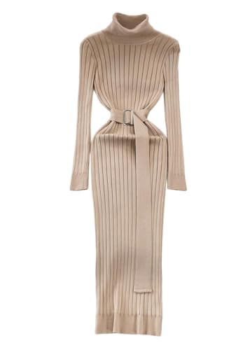 shownicer Strickkleid Damen Figurbetontes Kleid Rippstrick Pulloverkleid Langarm Bodycon Lang Kleid Herbst Gestrickte Kleid Eng Longpullover Winterkleid Maxikleid E Aprikose Einheitsgröße von shownicer