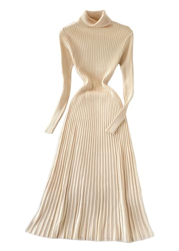 shownicer Strickkleid Damen Figurbetontes Kleid Rippstrick Pulloverkleid Langarm Bodycon Lang Kleid Herbst Gestrickte Kleid Eng Longpullover Winterkleid Maxikleid F Beige Einheitsgröße von shownicer