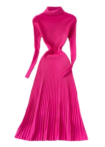 shownicer Strickkleid Damen Figurbetontes Kleid Rippstrick Pulloverkleid Langarm Bodycon Lang Kleid Herbst Gestrickte Kleid Eng Longpullover Winterkleid Maxikleid F Rosa Einheitsgröße von shownicer