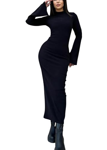 shownicer Strickkleid Damen Lang Rundhals Geripptes Pulloverkleid Langarm Sweater Tunika Einfarbig Herbst Winterkleid Warme Strick Sweater C Schwarz XS von shownicer