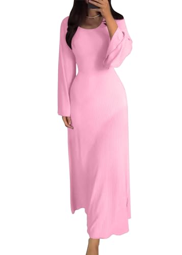 shownicer Strickkleid Damen Lang Rundhals Geripptes Pulloverkleid Langarm Sweater Tunika Einfarbig Herbst Winterkleid Warme Strick Sweater Kleid A Rosa L von shownicer