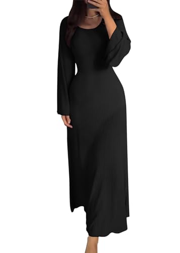 shownicer Strickkleid Damen Lang Rundhals Geripptes Pulloverkleid Langarm Sweater Tunika Einfarbig Herbst Winterkleid Warme Strick Sweater Kleid A Schwarz M von shownicer