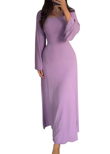 shownicer Strickkleid Damen Lang Rundhals Geripptes Pulloverkleid Langarm Sweater Tunika Einfarbig Herbst Winterkleid Warme Strick Sweater Kleid A Violett L von shownicer