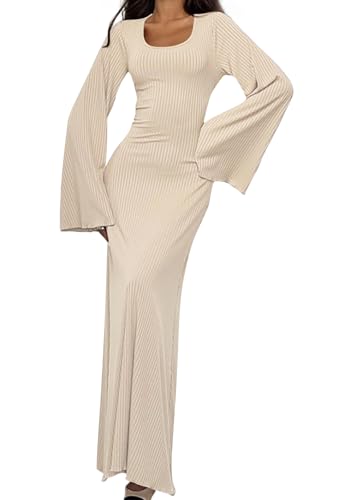 shownicer Strickkleid Damen Lang Rundhals Geripptes Pulloverkleid Langarm Sweater Tunika Einfarbig Herbst Winterkleid Warme Strick Sweater Kleid B Aprikose M von shownicer