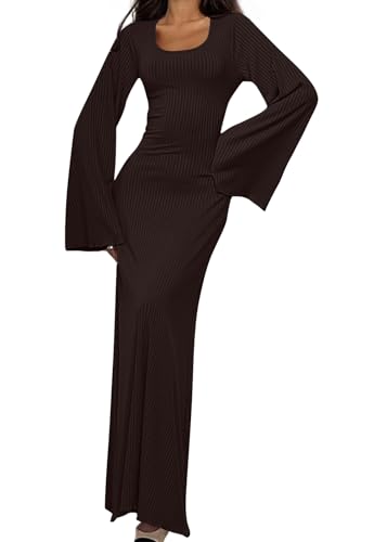 shownicer Strickkleid Damen Lang Rundhals Geripptes Pulloverkleid Langarm Sweater Tunika Einfarbig Herbst Winterkleid Warme Strick Sweater Kleid B Braun L von shownicer
