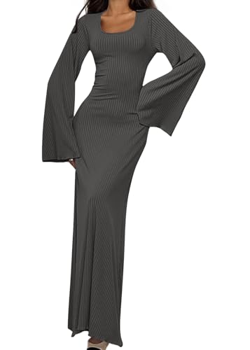 shownicer Strickkleid Damen Lang Rundhals Geripptes Pulloverkleid Langarm Sweater Tunika Einfarbig Herbst Winterkleid Warme Strick Sweater Kleid B Dunkelgrau M von shownicer