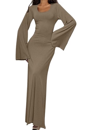 shownicer Strickkleid Damen Lang Rundhals Geripptes Pulloverkleid Langarm Sweater Tunika Einfarbig Herbst Winterkleid Warme Strick Sweater Kleid B Khaki M von shownicer