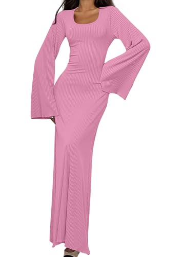 shownicer Strickkleid Damen Lang Rundhals Geripptes Pulloverkleid Langarm Sweater Tunika Einfarbig Herbst Winterkleid Warme Strick Sweater Kleid B Rosa L von shownicer