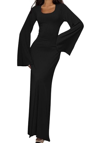 shownicer Strickkleid Damen Lang Rundhals Geripptes Pulloverkleid Langarm Sweater Tunika Einfarbig Herbst Winterkleid Warme Strick Sweater Kleid B Schwarz M von shownicer