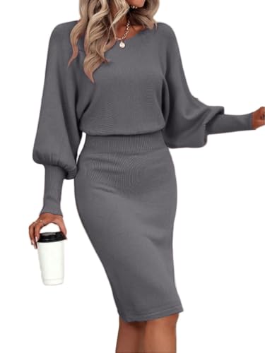 shownicer Strickkleid Damen Langarm Bodycon Strickkleid Elegant Rundhals Kleid Lang Rippenstrick Einfarbige Kleid Strickkleider Herbst Winter A Grau S von shownicer