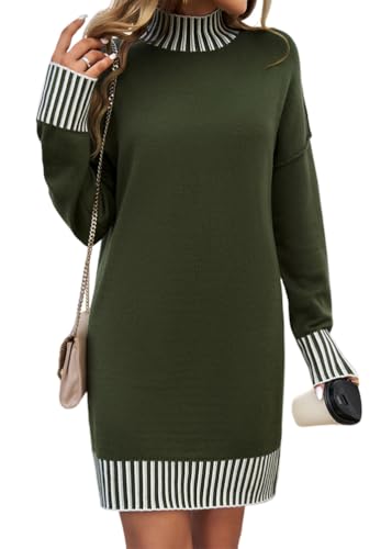 shownicer Strickkleid Damen Rollkragen Elegant Langarm Pullikleid Strickpullover Herbst Winter Pulloverkleid B Armeegrün L von shownicer