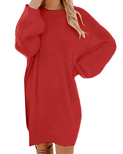 shownicer Strickkleid Damen Winter Rundhals Lässig Sexy Kleid Freizeit Herbstkleid Winterkleid Partykleid Minikleid Langarm Strickkleider Hohe Elastizität Pullover Knitted Dress A Rot M von shownicer