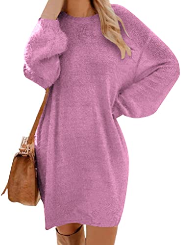 shownicer Strickkleid Damen Winter Rundhals Lässig Sexy Kleid Freizeit Herbstkleid Winterkleid Partykleid Minikleid Langarm Strickkleider Hohe Elastizität Pullover Knitted Dress A Violett 3XL von shownicer