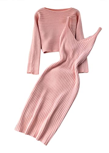 shownicer Damen Strickkleid Zweiteiliger Anzug Pullover Oberteil und Kleid Bodycon 2 Stück Set Sweater Midikleid Pullikleid Gestrickt Kleid Set A Rosa Einheitsgröße von shownicer