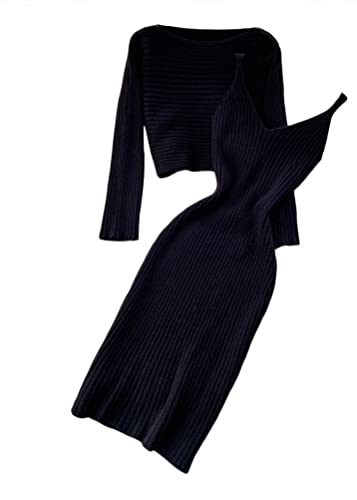 shownicer Damen Strickkleid Zweiteiliger Anzug Pullover Oberteil und Kleid Bodycon 2 Stück Set Sweater Midikleid Pullikleid Gestrickt Kleid Set A Schwarz Einheitsgröße von shownicer