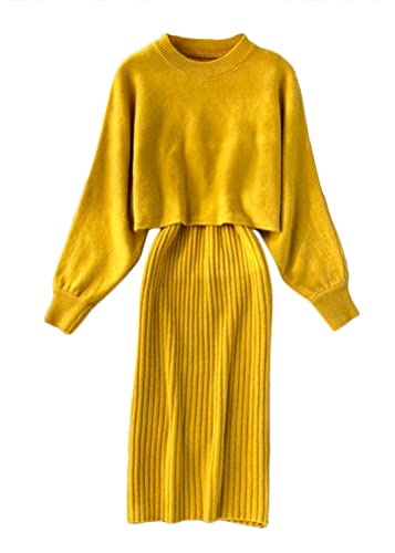 shownicer Damen Strickkleid Zweiteiliger Anzug Pullover Oberteil und Kleid Bodycon 2 Stück Set Sweater Midikleid Pullikleid Gestrickt Kleid Set B Gelb Einheitsgröße von shownicer