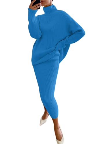 shownicer Strickkleid Damen Zweiteiliger Anzug Pullover Oberteil und Midi Strickrock Bodycon 2 Stück Set Maxikleid Rollkragen Pulloverkleid Winter Strick Kleid A Dunkelblau M von shownicer