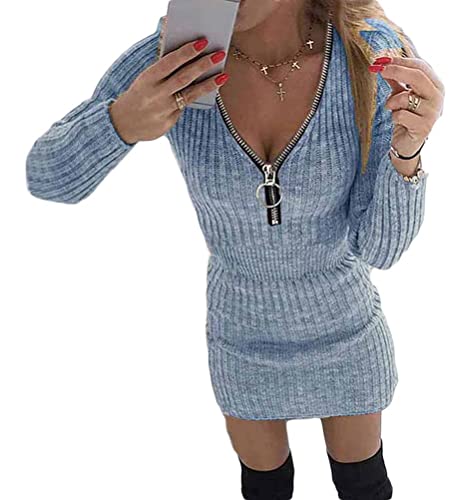shownicer Strickkleider Damen Pulloverkleid Elegante V-Ausschnitt Reißverschluss Pullover Winterkleid Casual Langarm Minikleid Tunika Bodycon Freizeitkleid Wickelkleid Blau XS von shownicer