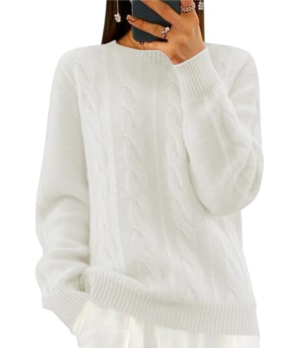 shownicer Strickpullover Damen Grobstrick Pullover Casual Stricken Sweater Lange Ärmel Pulli Sweatshirt Elegant Jumper Rundhals Lose Oberteile Herbst Winter Outwear für Frauen B Weiß M von shownicer