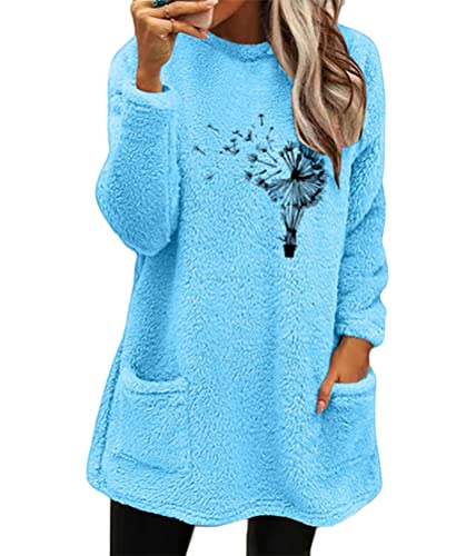 shownicer Sweatshirt Damen Fleece Sweatshirt Damen Pullover Crewneck Lässige warme mit Sherpa Gefütterte Winter Langarm Tunika Tops A Blau L von shownicer