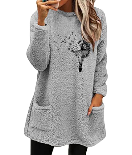 shownicer Sweatshirt Damen Fleece Sweatshirt Damen Pullover Crewneck Lässige warme mit Sherpa Gefütterte Winter Langarm Tunika Tops A Grau L von shownicer