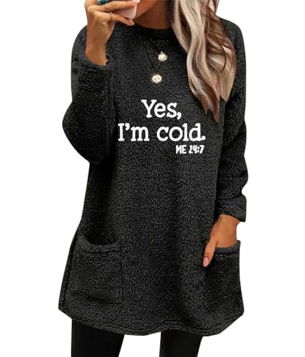 shownicer Sweatshirt Damen Fleece Sweatshirt Damen Pullover Crewneck Lässige warme mit Sherpa Gefütterte Winter Langarm Tunika Tops B Schwarz XXL von shownicer