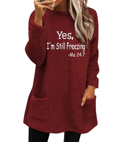 shownicer Sweatshirt Damen Fleece Sweatshirt Damen Pullover Crewneck Lässige warme mit Sherpa Gefütterte Winter Langarm Tunika Tops C Weinrot L von shownicer