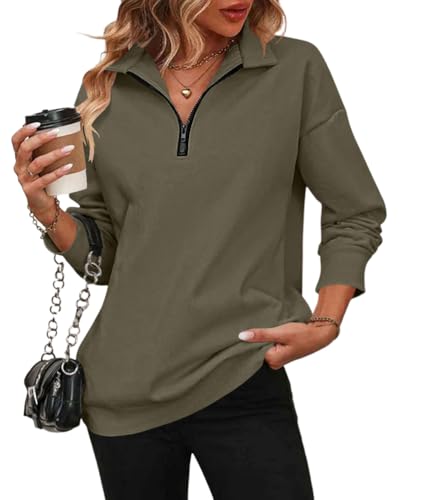 shownicer Sweatshirt Damen Langarm Pullover Einfarbig V Ausschnitt Sweatshirt ohne Kapuze Casual Revers Sweatshirt mit Halbem Reißverschluss Langarmshirts Oberteile Herbst Winter A Armeegrün L von shownicer