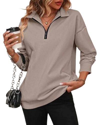 shownicer Sweatshirt Damen Langarm Pullover Einfarbig V Ausschnitt Sweatshirt ohne Kapuze Casual Revers Sweatshirt mit Halbem Reißverschluss Langarmshirts Oberteile Herbst Winter A Khaki L von shownicer