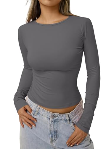 shownicer Sweatshirt Damen Langarmshirt Basic Rundhals Slim Fit T-Shirt Y2k Clothes Outfit Teenager Oberteile C Dunkelgrau L von shownicer