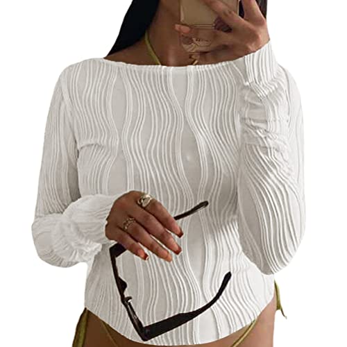 shownicer T-Shirt Damen Crop Top Langarm Shirt Langarmshirt Enges Oberteil Mode Stretchy Streetwear Mode Freizeit Basic Tops A Weiß L von shownicer