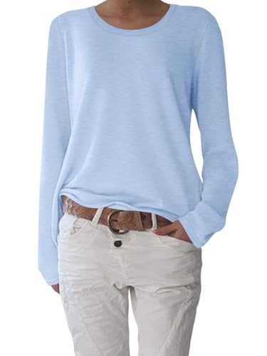 shownicer T-Shirt Damen Elegant Rundhals Tshirts Basic Langarm Oberteile Einfarbig Lässig Longshirt Tops A Hellblau M von shownicer