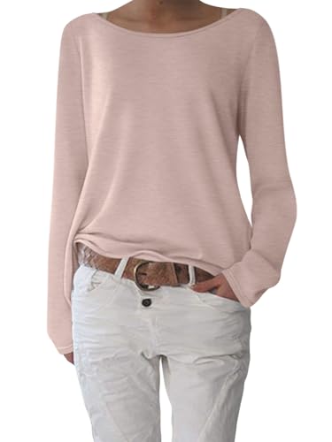 shownicer T-Shirt Damen Elegant U-Boot Ausschnitt Shirts Pullover Basic Langarm Oberteile Lässig Longshirt Tops A Aprikose XXL von shownicer