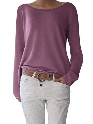 shownicer T-Shirt Damen Elegant U-Boot Ausschnitt Shirts Pullover Basic Langarm Oberteile Lässig Longshirt Tops A Weinrot XL von shownicer