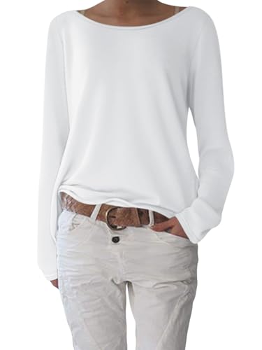 shownicer T-Shirt Damen Elegant U-Boot Ausschnitt Shirts Pullover Basic Langarm Oberteile Lässig Longshirt Tops A Weiß XL von shownicer