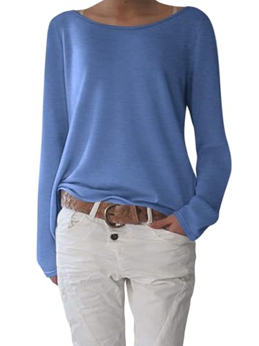 shownicer T-Shirt Damen Elegant U-Boot Ausschnitt Shirts Pullover Basic Langarm Oberteile Lässig Longshirt Tops A Blau S von shownicer