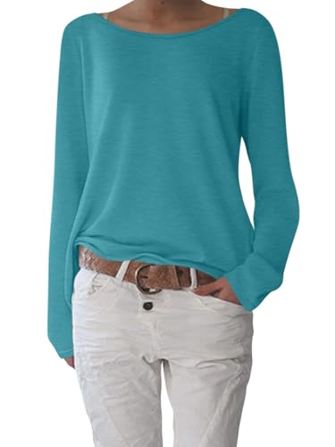 shownicer T-Shirt Damen Elegant U-Boot Ausschnitt Shirts Pullover Basic Langarm Oberteile Lässig Longshirt Tops A Türkis XL von shownicer