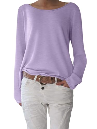 shownicer T-Shirt Damen Elegant U-Boot Ausschnitt Shirts Pullover Basic Langarm Oberteile Lässig Longshirt Tops A Violett XL von shownicer