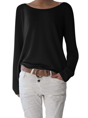 shownicer T-Shirt Damen Elegant U-Boot Ausschnitt Shirts Pullover Basic Langarm Oberteile Longshirt Lässig Tops A Schwarz S von shownicer