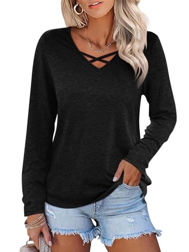 shownicer T-Shirt Damen Elegant V Ausschnitt Criss Cross Shirts Pullover Basic Langarm Oberteile Lässig Longshirt Tops A Schwarz XL von shownicer