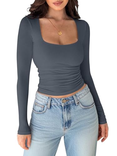 shownicer T-Shirt Damen Eng Eckigem Ausschnitt Tshirt Basic Langarm Oberteile Slim Fit Y2K Tops A Dunkelgrau XS von shownicer