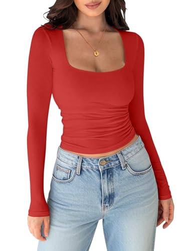 shownicer T-Shirt Damen Eng Eckigem Ausschnitt Tshirt Basic Langarm Oberteile Slim Fit Y2K Tops A Rot S von shownicer