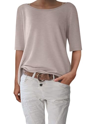 shownicer T-Shirt Damen Halbarm Shirt Elegant U-Boot Ausschnitt Sommer Tshirt Oberteil Basic Tops A Aprikose L von shownicer