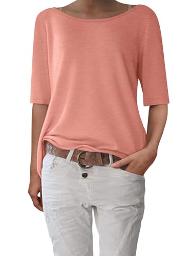 shownicer T-Shirt Damen Halbarm Shirt Elegant U-Boot Ausschnitt Sommer Tshirt Oberteil Basic Tops A Koralle S von shownicer